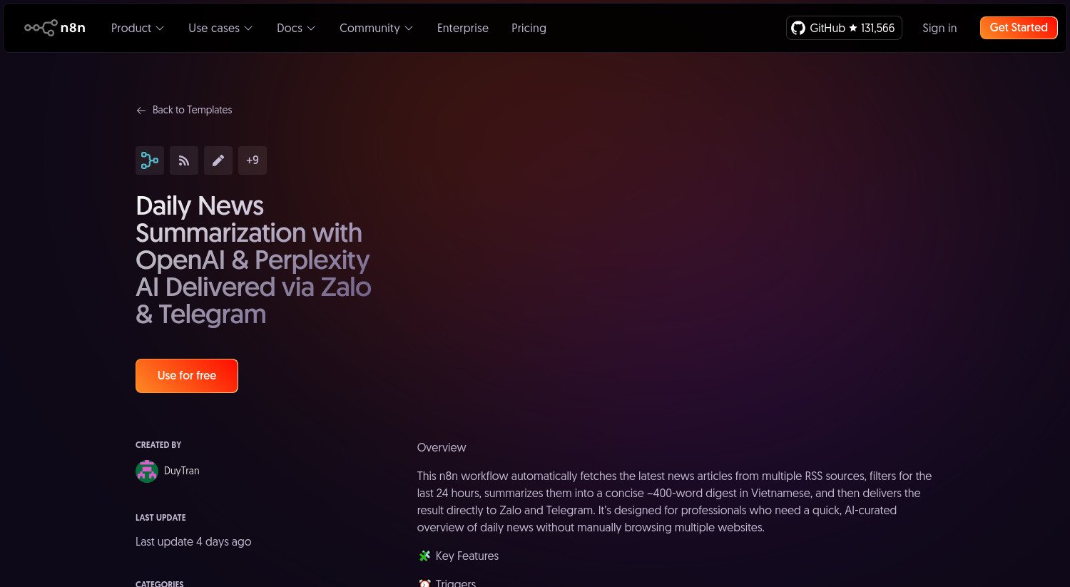 Recevez chaque matin un résumé d’actualité automatisé avec OpenAI, Perplexity AI, n8n, Zalo et Telegram (et dites adieu au FOMO !)