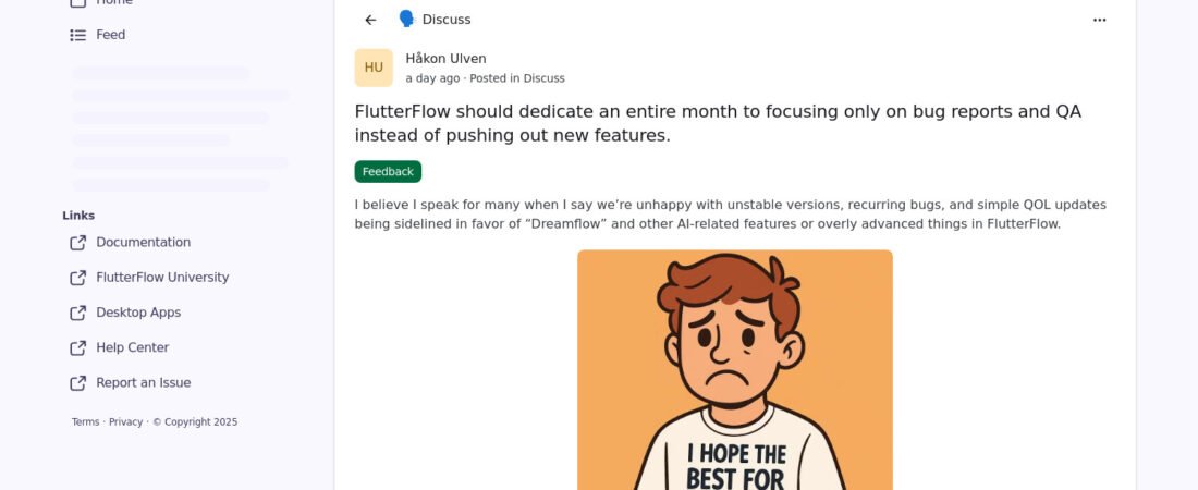 FlutterFlow : Pourquoi les utilisateurs réclament un mois 100% dédié à la chasse aux bugs (et pas aux nouvelles features !) ?